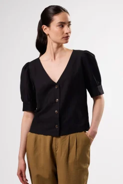 V Neck Cuff Sleeved Blouse