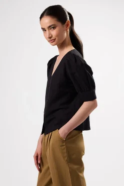 V Neck Cuff Sleeved Blouse