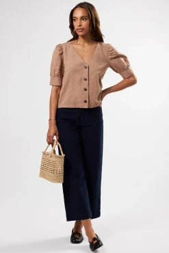 V Neck Cuff Sleeved Blouse