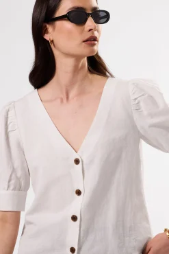 V Neck Cuff Sleeved Blouse